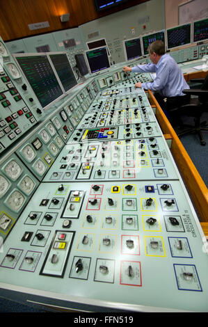 Control room and reactor shut-down switch in Hinkley Point B nuclear power station. Somerset, UK Stock Photo