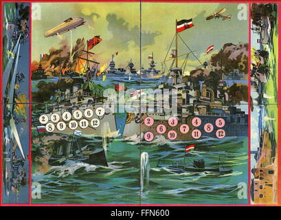 First World War / WWI,Germany,patriotic board game about the beginning of the first world war,lithograph,1915,game of dice,games of dice,war game,war games,battle game,naval battle,naval battles,warship,warships,battleship,battleships,submarine,submarine boat,U-boat,submarines,submarine boats,U-boats,German,Germans,fleet,fleets,illustration,military history,fighting,fight,operation,action,naval war,naval wars,aerial warfare,gaming,party games,party game,board,boards,Germans fighting against English fleet and their allies,,Additional-Rights-Clearences-Not Available Stock Photo