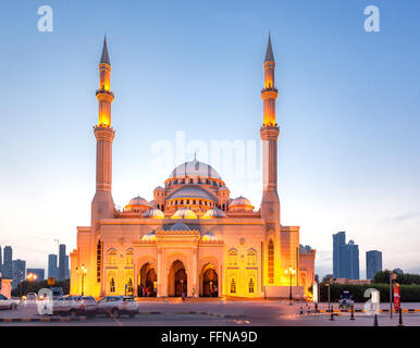 Al Noor Mosque is a mosque in Sharjah. It is located on the Khaled lagoon at the Buhaira Corniche. It is of Turkish Ottoman . Stock Photo