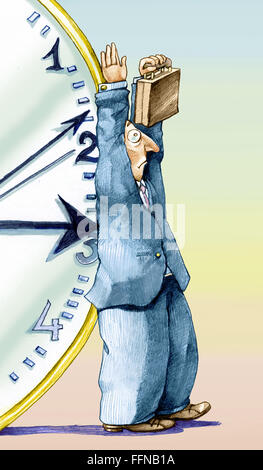 An employee has his hands up in surrender when the hand of a clock is pointed back as a weapon Stock Photo