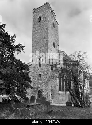 St Mary's, Deerhurst, Gloucestershire, showing Anglo-Saxon W tower (upper parts Medieval) which began as a porch attached to a simple C8th church. Stock Photo