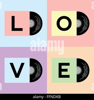 Vinyl record cover with LOVE word in pastel color pop art flat design Stock Vector
