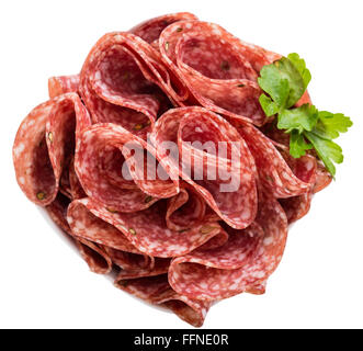 Sliced Salami isolated on white background (selective focus) Stock Photo