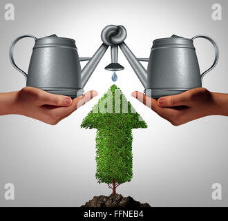 Business team funding as a crowd fund concept to invest and nurture growth opportunities together with a partnership of other investors to realize a project as diverse hands holding water pots tied together to hydrate an arrow tree. Stock Photo