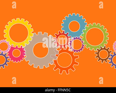 Seamless colorful cog gear wheels banner over orange Stock Photo