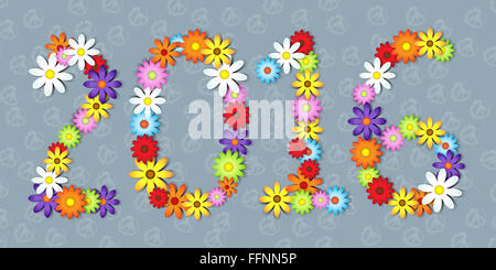 2016 in colorful flowers over peace symbol background