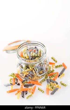 Really Healthy Pasta. A selection of alternative pastas in a glass jar. Stock Photo