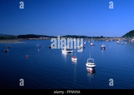Menai Strait boats from Beaumaris Pier looking towards Bangor Anglesey North Wales UK Stock Photo
