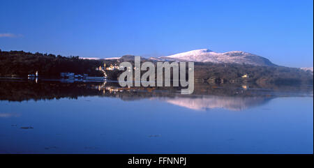 Portmeirion village and Moel Hebog mountain in snow Gwynedd North Wales UK Stock Photo