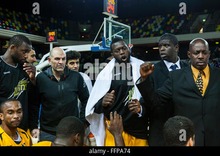 London, UK. 16th February 2016. The Lions team cheer themselves on to maintain their lead during the final time-out of the 4th quarter in the London Lions vs. Worcester Wolves BBL game at the Copper Box Arena in the Olympic Park. London Lions win 80-71 Credit:  Imageplotter News and Sports/Alamy Live News Stock Photo