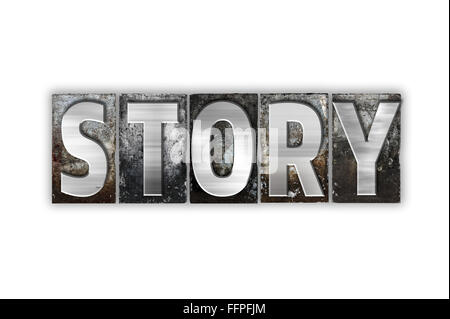 The word "Story" written in vintage metal letterpress type isolated on a white background. Stock Photo