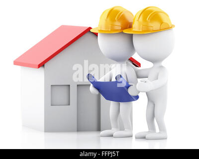 3d renderer image. Architect people with helmet, plans and house. Construction concept. Isolated white background Stock Photo