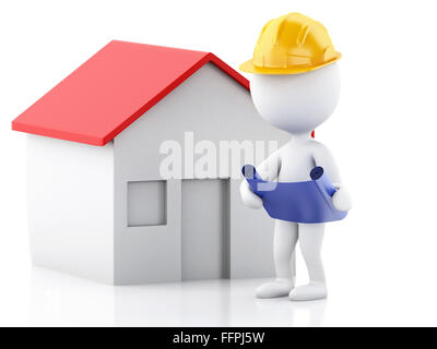 3d renderer image. Architect people with helmet, plans and house. Construction concept. Isolated white background Stock Photo