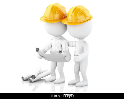 3d renderer image. Architect people with helmet and drawings. Construction concept. Isolated white background Stock Photo