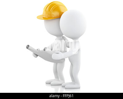 3d renderer image. Architect people with helmet and drawings. Construction concept. Isolated white background Stock Photo