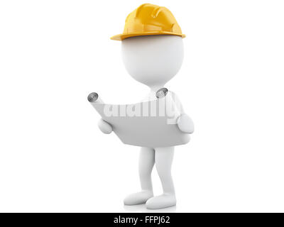 3d renderer image. Architect people with helmet and drawing. Construction concept. Isolated white background Stock Photo