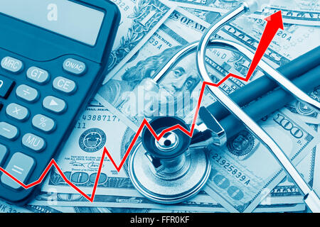 Graph showing the high cost of health care with USD bank notes a stethoscope and calculator Stock Photo