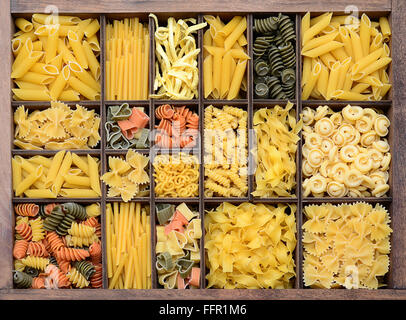 Pasta, various types of pasta in a type case Stock Photo