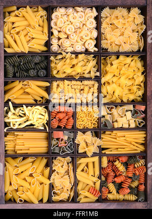 Pasta, various types of pasta in a type case Stock Photo
