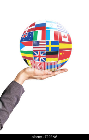 Many flags collage ball on hand isolated on white Stock Photo
