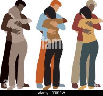 EPS8 editable vector illustration of a man and woman hugging each other in three color variations Stock Vector