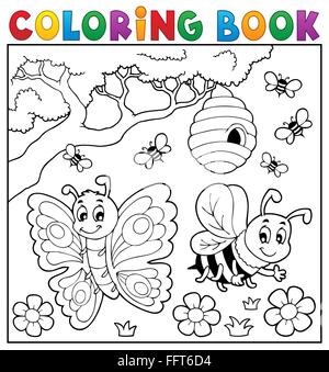 Coloring book with butterfly and bee - picture illustration. Stock Photo