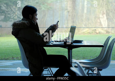student using mobile phone and laptop, uea, sainsbury centre, norwich, norfolk, england Stock Photo