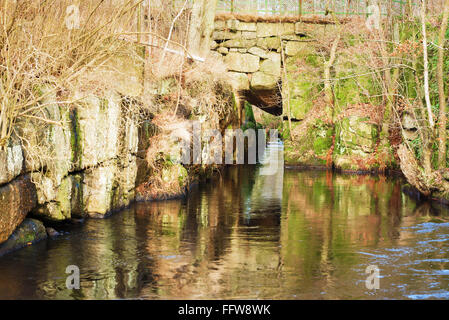 The river is forced through a narrow gap in the surrounding bedrock. Small vertical cliffs enter the river. The gap is used as a Stock Photo