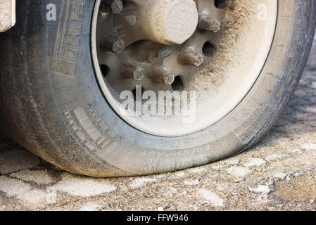 Kallinge, Sweden - February 07, 2016: Detail of a truck trailers flat tire. Logo visible. Stock Photo