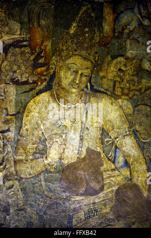 Padmpani Bodhisattva with lotus in hand, Frescoes at Ajanta caves, Buddhist rock-cut cave temples, Aurangabad, Maharashtra, India Stock Photo