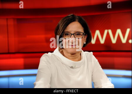 Austrian Interior Minister Johanna Mikl-Leitner is a guest on the ARD talkshow 'Hart aber Fair' sin Cologne, Germany, 15 February 2016. Photo: Horst Galuschka - NO WIRE SERVICE - Stock Photo