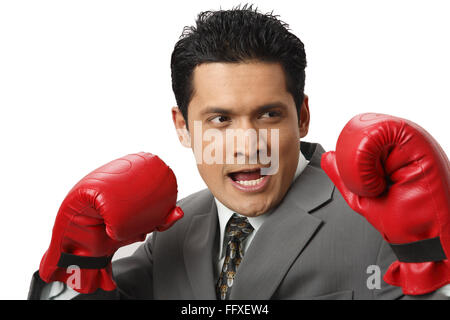 Businessman wearing punching gloves practicing boxing MR#703T Stock Photo