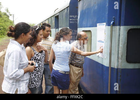 Travel group searching their names on reservation chart fixed near door of long distance train MR#468 Stock Photo