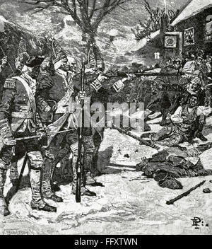 American Revolutionary War (1775-1783). The Boston Massacre or Boston riot (1770). British redcoats killed five civilian men. Engraving. Stock Photo