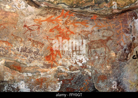 Cave paintings showing animals rock shelters 12  ten thousands years old Bhimbetka Bhopal Madhya Pradesh Stock Photo