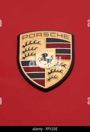 Red 2007 Porsche Boxster convertible German sports car badge Stock Photo