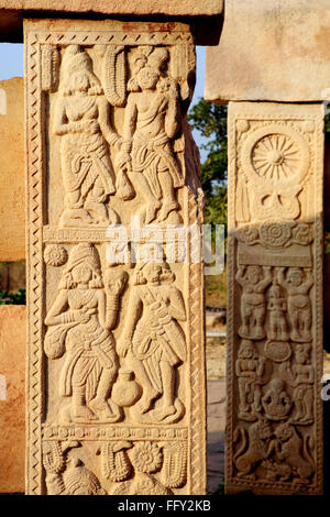 Close view of stupa 2 carved medallions decorate surrounding walls , Sanchi 46Kms northeast of Bhopal , Madhya Pradesh Stock Photo