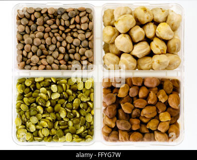 Pulses black lentils black and white chick peas green gram in square dish ; India Stock Photo