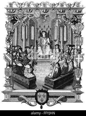 justice, trials, , trial against Charles III, duke of Bourbon before the court of the peers and barons of France, 1523, copper engraving, from: Bernard de Montfaucon (1655 - 1714), 'Les monumens de la Monarchie francoise, Paris, 1729 - 1733, Artist's Copyright has not to be cleared Stock Photo