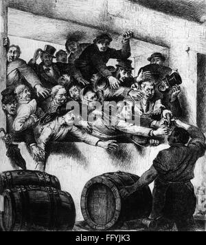 geography / travel, Germany, Munich, gastronomy, 'Hofbräuhaus', interior view, 'Bockstall', fight for the first glass of bock beer, after drawing, by Ludwig Bechstein,  (1843 - 1914), wood engraving, by Theodor Knesing, from: 'Die Gartenlaube', number 15, Leipzig, 1872, Additional-Rights-Clearences-Not Available Stock Photo