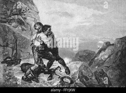 hunting, poachers, forest warden fighting against poacher, after painting by Julius Geertz (1837 - 1902), 1868, wood engraving by Richard bong, from: 'Die Gartenlaube', 1886, Additional-Rights-Clearences-Not Available Stock Photo