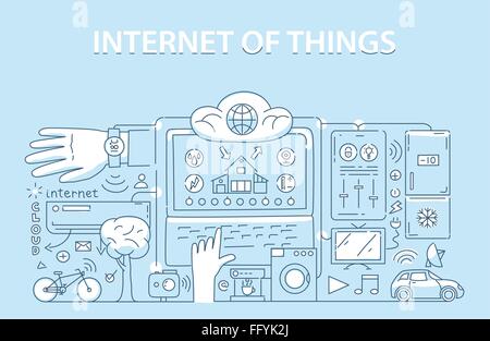 Line style design concept of internet of things data technology, network infrastructure of connecting everything Stock Vector