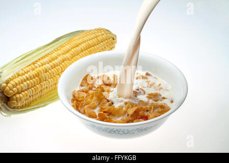 Milk pouring on sweet corn flakes in a bowl for breakfast India Stock Photo