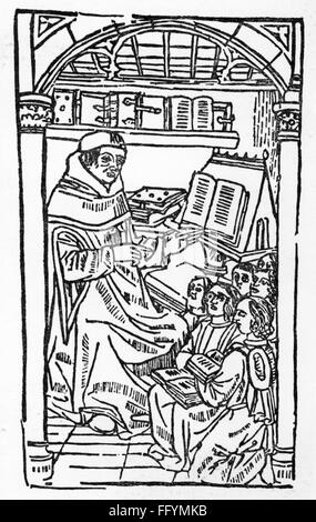 pedagogy, school / lessons / discipline, teacher with pupils, woodcut, out of: Fausto Andrelini (circa 1462 - 1518), 'Elegiae', print: Guy Marchand, Paris, 1496, Additional-Rights-Clearences-Not Available Stock Photo