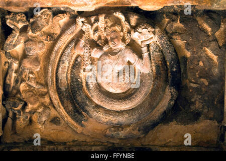 Ceiling panel in mandapa depicting naga with coiled serpent in Durga temple , Aihole , Karnataka , India Stock Photo