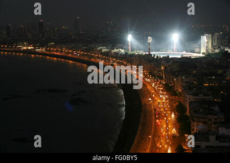 Aerial view of Marine Drive and Wankhede Stadium with floodlights at night Bombay now Mumbai Maharashtra India Asia Stock Photo