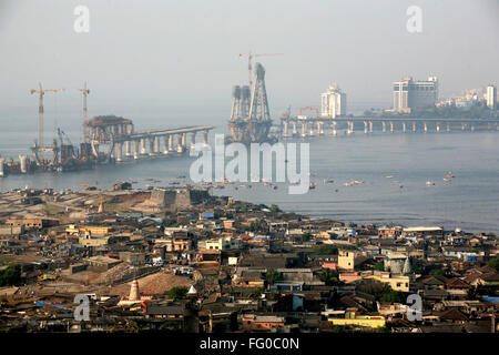 An aerial view of Worli village and headquarters Mumbai Coast backdrop of Bandra Worli sea link Bombay Mumbai Maharashtra Stock Photo