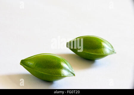 Fruit , two green eye shaped almond badam Prunus dulcis on white background Stock Photo