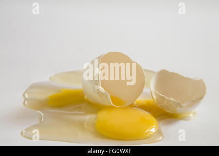 Concept , anda broken egg yolk death destroy life end on white background Stock Photo