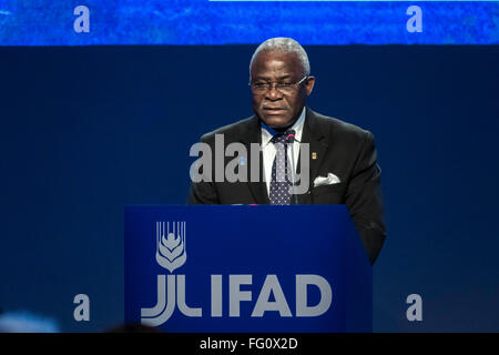 Rome, Italy. 17th Feb, 2016. IFAD's President Kanayo F. Nwanze delivers his speech during the IFAD (International Fund For Agricultural Development) Annual Governing Council at Rome's IFAD headquarters, Italy. The International Fund for Agricultural Development (IFAD) is a specialized agency of the United Nations dedicated to eradicating rural poverty in developing countries. It was established as an international financial institution in 1977 as one of the major outcomes of the 1974 World Food Conference. © Giuseppe Ciccia/Pacific Press/Alamy Live News Stock Photo